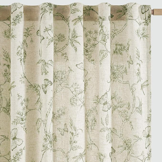 jinchan Floral Linen Curtains for Living Room 96 Inch Length Printed Curtain Sage Green Light Filtering French Country Farmhouse Curtain Patterned Drapes Bedroom Back Tab Rod Pocket 2 Panels