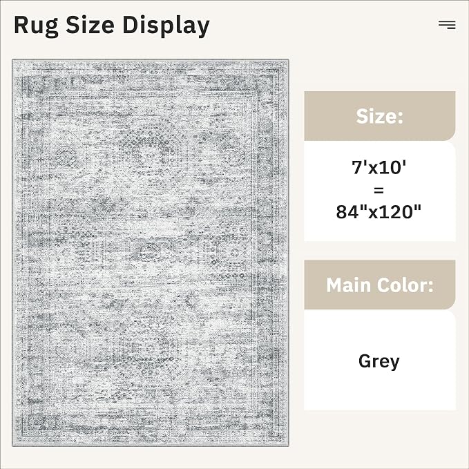 Soalmost 7x10 Area Rug for Living Room Washable Abstract Vintage Soft Thin Indoor Floor Non-Slip Carpet for Bedroom Dining Room Grey