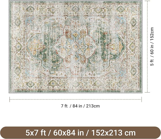befbee 5x7 Area Rugs for Living Room,Stain Resistant Washable Rug,Non-Slip Backing Rugs for Bedroom,Kitchen,Printed Vintage Home Decor Rug (Green, 5'x7')