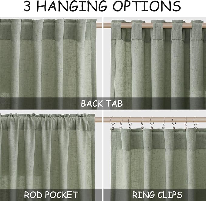Nanspring Extra Long Linen Curtains 102 Inches Long for Living Room Sheer Light Filtering Floor to Ceiling Curtain Back Tab Boho Farmhouse Window Drapes for Bedroom Desert Sage 52x102 2 Panels