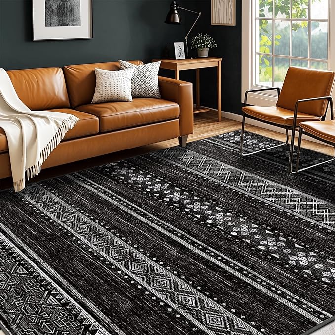 BESTSWEETIE 8x10 Area Rugs for Living Room Washable Moroccan Farmhouse Neutral Geometric Low Pile Non-Slip Soft Print Pattern Rug for Bedroom Kitchen Dining Room Entryway Black/White