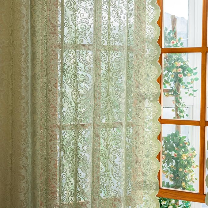 ALIGOGO Green Sheer Curtains 84 Inches Length 2 Panels - Embroidered Rustic Floral Sage Lace Curtains for Living Room Bedroom, Rod Pocket Light Filtering Scalloped Edges, 52 x 84 Inch, Sage Green