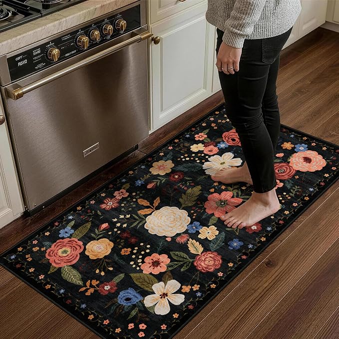 2x4 Washable Runner Rug Kitchen Hallway Area Rug Vintage Boho Floral Ultra Non-Slip Low Pile Soft Faux Wool Carpet Kids and Pets Friendly for Bathroom Bedroom Entryway Nursery Home Rug Black Green