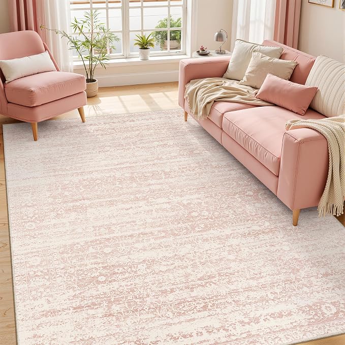 Soalmost Pink 6x9 Area Rugs for Baby Girl Nursery, Washable Soft Rugs | Vintage Floral Non-Slip Low Pile Throw Carpet for Living Room Dining Room Bedroom Kids Playroom 6'x9'
