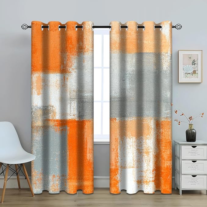 iTapnoom Abstract Orange Grey Blackout Curtains, Beige Aesthetic Art Painting Window Drapes Darkening Grommet Window Curtains for Living Room Bedroom Decor 2 Panels 52"x63" Inch