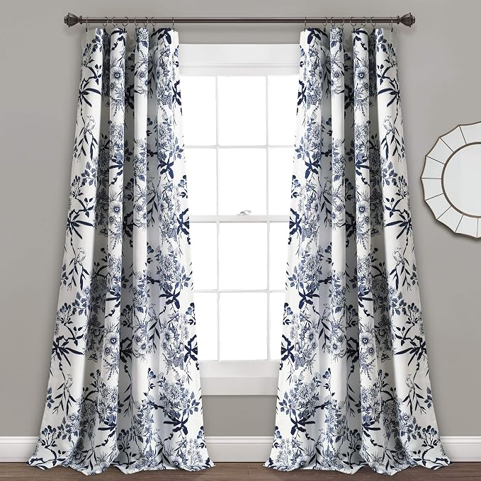 Lush Decor Botanical Garden Curtains Floral Bird Print Light Filtering Window Panel Drapes Set for Living, Dining, Bedroom (Pair), Navy, 52"W x 84L"