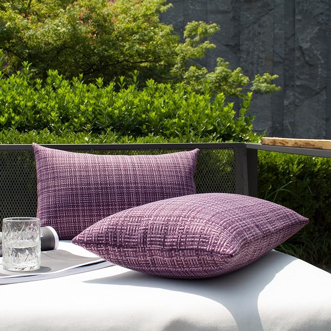 Kevin Textile Outdoor Waterproof Throw Pillow Covers 26x26 Inch Pack of 2 Woven Faux Linen Farmhouse Decorative Euro Shams Water Resistant Cushion Covers for Tent Patio Garden Couch Sofa Violet