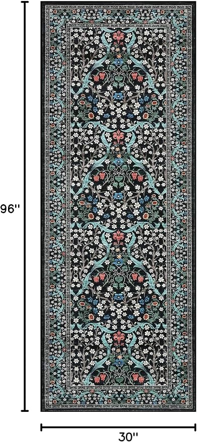 GarveeHome Floral Hallway Runner Rug, 2.5x8 Kitchen Runner Rugs, Washable Non Slip Entryway Rugs Indoor, Ultra-Thin Stain Resistant Carpet Floor Mat for Laundry Room, Black