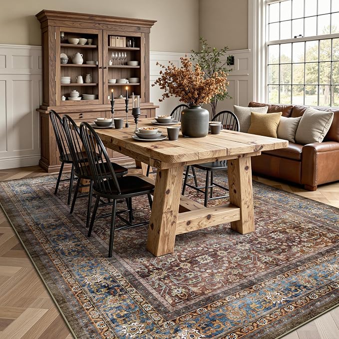 6x9 Area Rugs - Washable Vintage Retro Living Room Rug, Soft Ultra Thin Non Slip Low Pile Traditional Distressed Boho Carpet for Bedroom Dining Room Nursery Home Office, Dark Red Brown