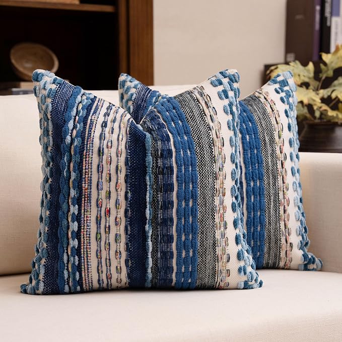 Boho Chenille Tufted Throw Pillow Covers 18x18 Inch Set of 2 Farmhouse Blue Woven Striped Decorative Pillowcases for Couch Sofa Bed