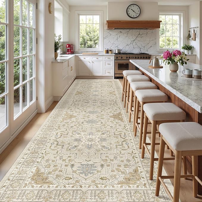 Madane 4x12 Wide Hallway Runner Rug Washable for Living Room, Beige/Blue | Soft Stain Resistant Ktichen Runners 12ft, Vintage Non Slip Low Pile Area Rugs, Thin Floor Carpet for Bathroom Dining Bedroom