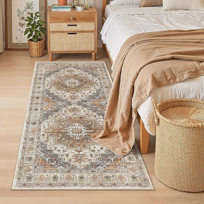 Madane Hallway Runner Rug 3x6 - Washable Kitchen Rugs Entryway Rug Runner Vintage Soft Floor Mat Non Slip Indoor Farmhouse Carpet for Bathroom Living Room Bedroom (3 X 6, Turmeric/Grey)