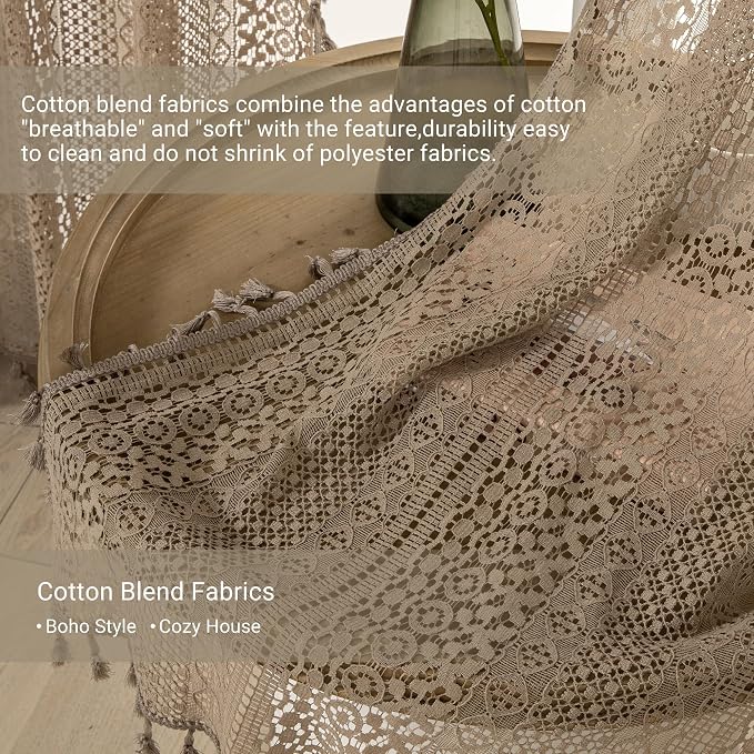 WAZZIO Boho Lace Curtains 72 Inches 2 Panel,Light Filtering Privacy Tassel & Geometry Crochet Semi Sheer Curtain Drapes for Bedroom Living Dining Room,Rod Pocket & Tassel,Earthy Color Taupe