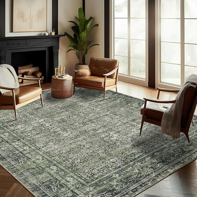 CHAMPLANT Washable Area Rug 9'x12' Retro Boho Design Non-Shedding Easy Care Ideal for High Traffic Areas in Living Room Bedroom Office Coffee Table Kitchen Large Carpet