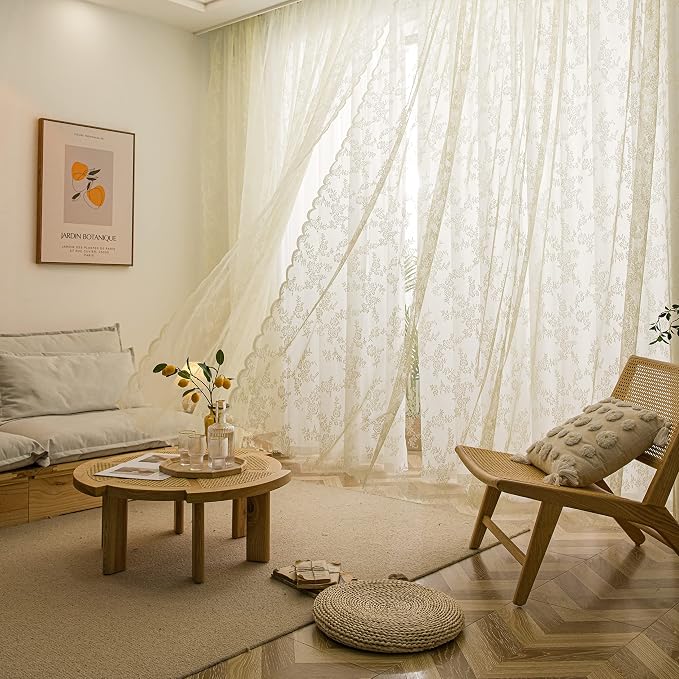 Sutuo Home Lace Curtains 96 Inches Long 2 Panels Set, Cream Yellow Sheer Window Floral Vintage Voile Window Panel Treatment Pair for Bedroom/Living Room/Kitchen, Decor Rod Pocket W57 x L96