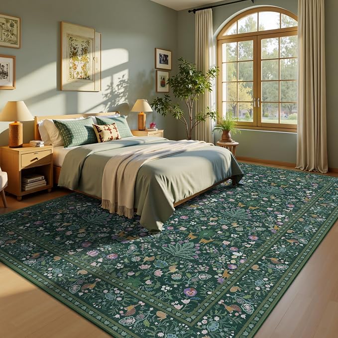 8x10 Area Rugs, Machine Washable Low Pile Floral Rugs for Living Room, Bedroom, Large Boho Area Rug with Non-Slip Backing for Dining Room(Dark Green)
