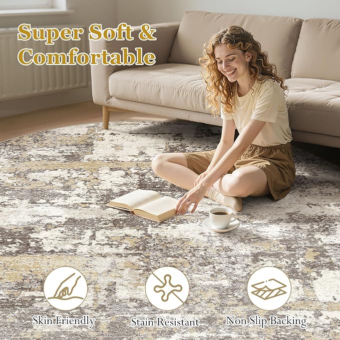 Area Rugs for Living Room: 10x10 Abstract Washable Rug Modern Neutral Large Soft Stain Resistant Non-Slip Backing Machine Table for Bedroom Dining Room Indoor Home Office Carpet - Gold Brown