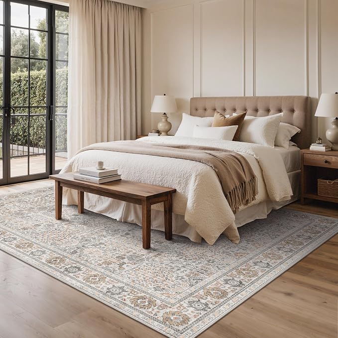 Bavni Washable Rugs 10x14 Machine Washable Rug Lightweight Low Pile, Vintage Floral Rug Non-Shedding Distressed Throw Carpet for Living Room Bedroom Office, Beige Grey