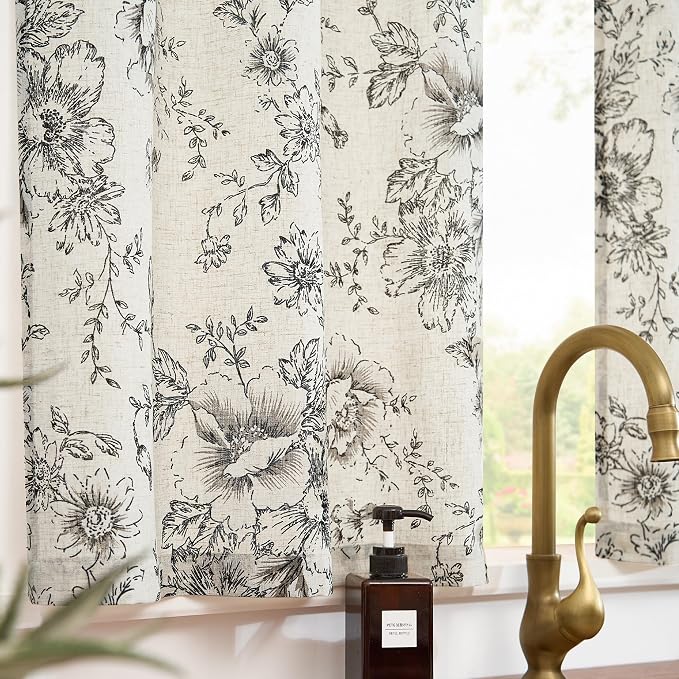 jinchan Linen Kitchen French Floral Tier Curtains 30 Inch Farmhouse Vintage Cafe Small Window Rustic Half Window Curtains for Living Room Bathroom 2 Panels Black on Beige