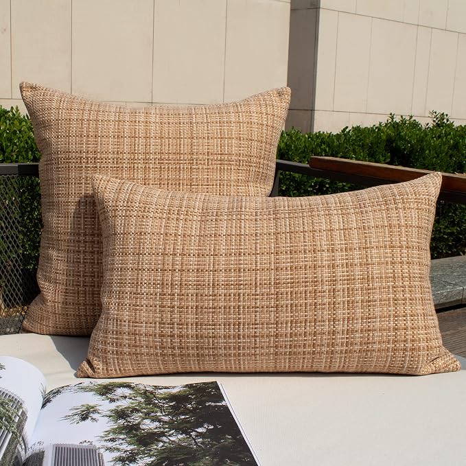 Kevin Textile Outdoor Waterproof Throw Pillow Covers 12x24 Inch Pack of 2 Woven Faux Linen Farmhouse Decorative Water Resistant Lumbar Cushion Covers for Tent Patio Garden Couch Sofa Beige