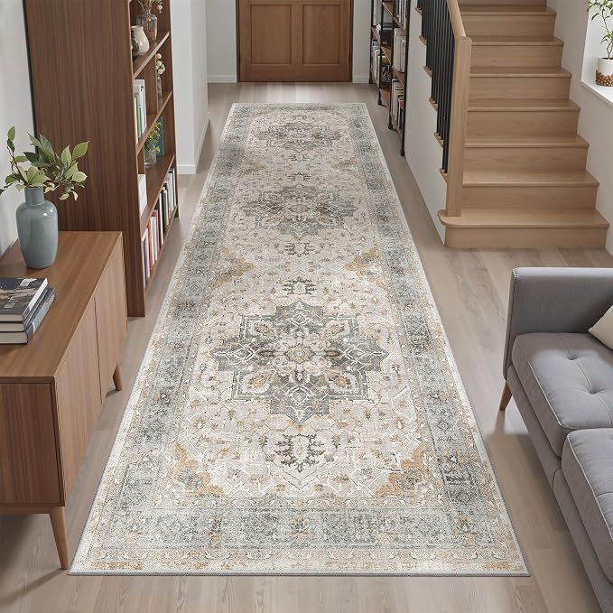 Madane Kitchen Runner 2'6''x8' Rug Runners for Hallways, Light Taupe Brown | Vintage Machine Washable Rugs 2.5x8 Ft, Non-Slip Low Pile Stain-Resistant 8ft Floor Carpet for Laundry Room, Corridor