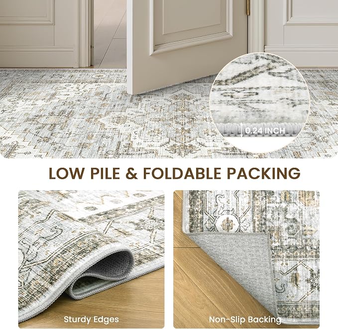 befbee 8x10 Area Rugs for Living Room, Stain Resistant Neutral Washable Rugs for Dining Room, Floral Vintage Non-Slip Thin Large Size Area Rug （Blue＆Beige）