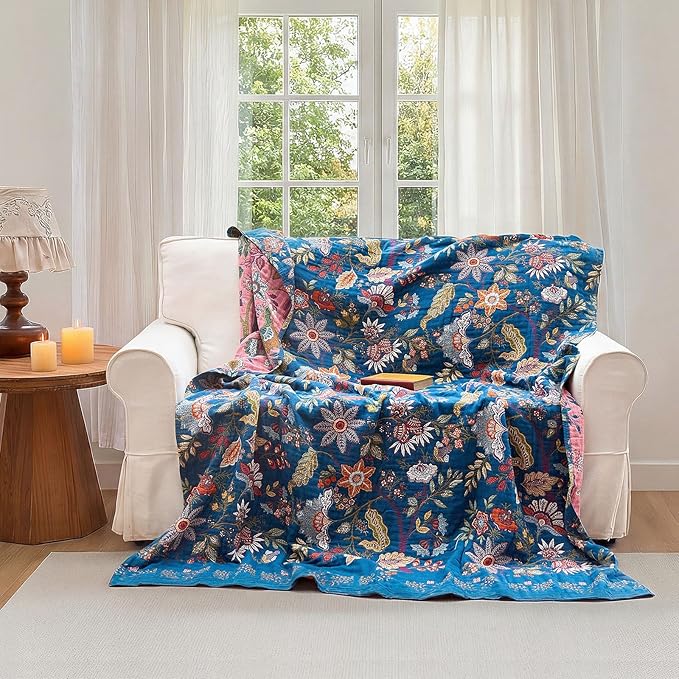 Boho Throw Blanket - 100% Cotton Ultra Soft Muslin Spring Blanket, 60"x80" Lightweight Floral Butterfly Framhouse Bedding Blanket for Bed, All Season Blue Bohemian Bedroom Home Decor Quilt