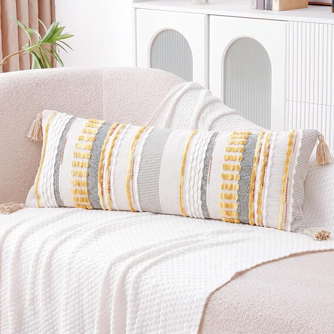 NUYECY Chenille and Cotton Long Pillow for Bed, Striped Textured Boho Lumbar Throw Pillow Cover 14x36, Neutral Accent Decorative Extra Long Body Pillow Case for Couch, Sofa, Bedroom, Yellow