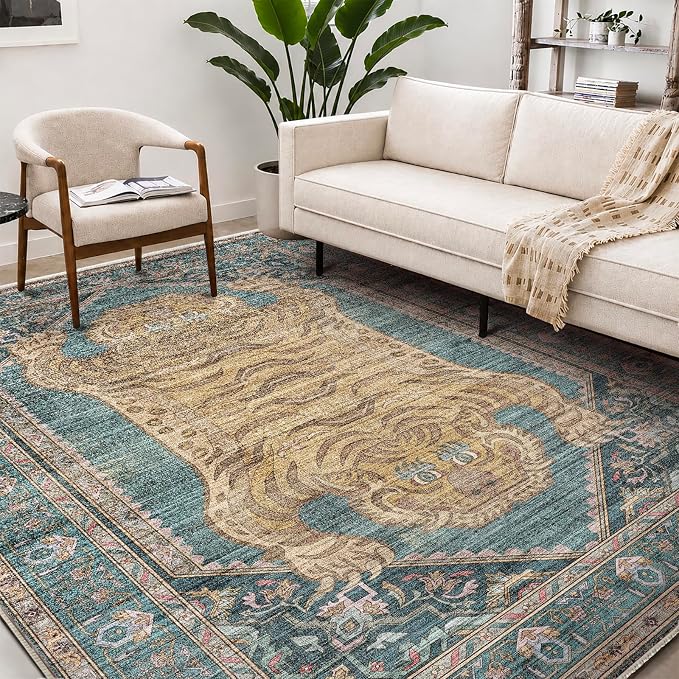 CHAMPLANT Washable Area Rug 9'x12' Retro Boho Design Non-Shedding Easy Care Ideal for High Traffic Areas in Living Room Bedroom Office Coffee Table Kitchen Large Carpet