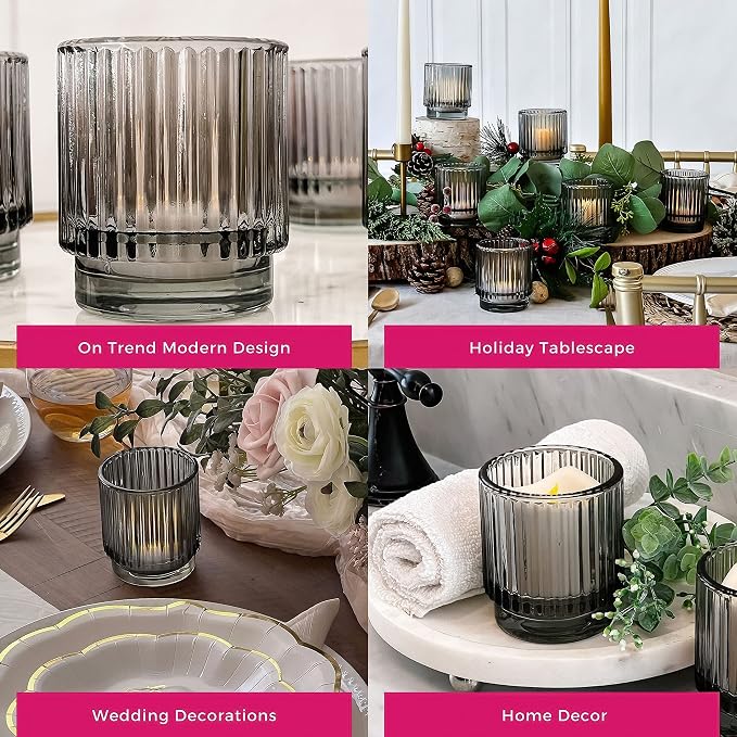 Kate Aspen Ribbed Glass Candle Holder Set - 6 Smoke Gray Tealight Holders for Home, Kitchen, Room or Living Room Decor - Vintage Tea Light Votive Accent for Table or Shelf Styling (Pack of 6)