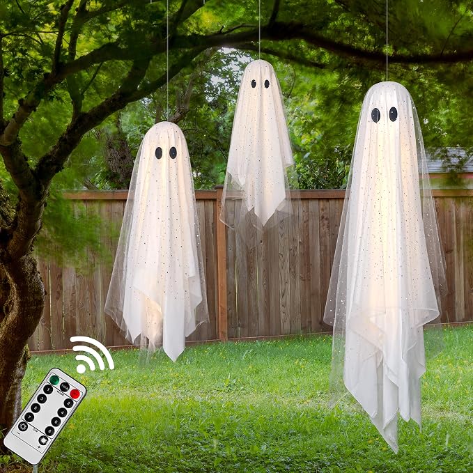 AYGXU Halloween Decorations outdoor/indoor-3pcs Hanging Ghost Decor with Light,Halloween Ornaments,Hallowee n Decor for Tree,Yard,Window,Garden
