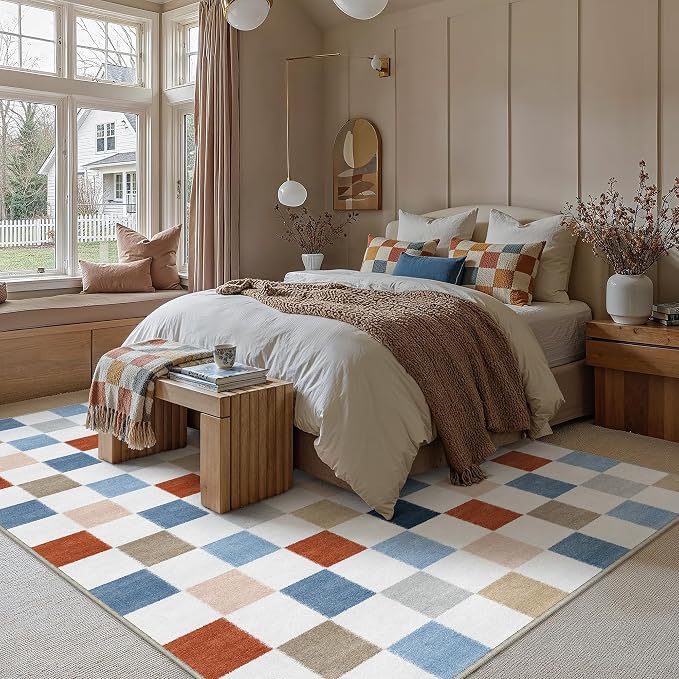 PureCozy Machine Washable 8x10 Area Rugs for Living Room Colorful Modern Soft Large Checkered Rug Non-Slip Low Pile Accent Indoor Office Carpet for Bedroom Dining Room Nursery Classroom