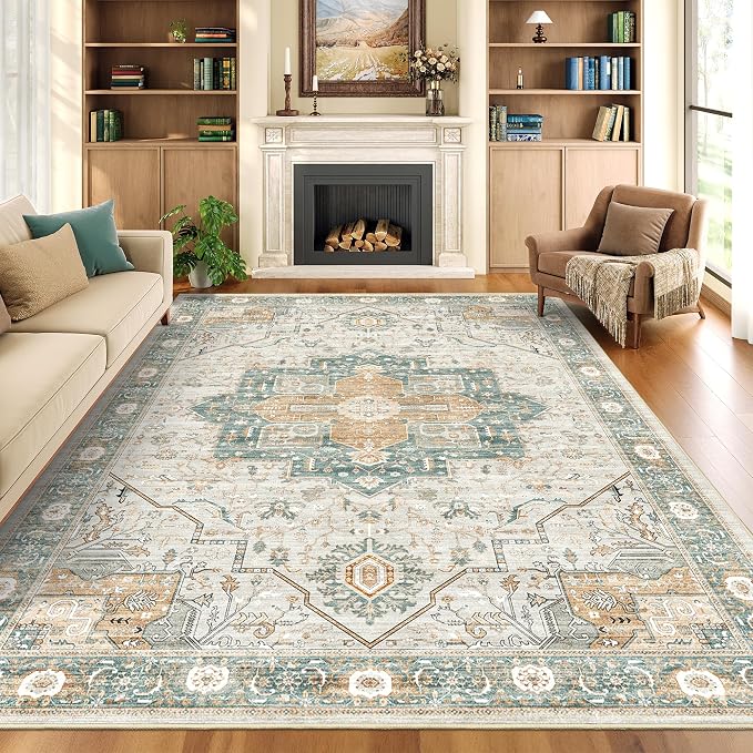 Roxstand 6x9 Washable Area Rug, Low Pile Non Slip Rug, Green/Grey | Large Area Rug, Non-slip Backing, Super-Soft Floral Vintage, Low Pile, For Living Room, Bedroom, Dining Room, Office