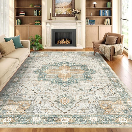 Roxstand 6x9 Washable Area Rug, Low Pile Non Slip Rug, Green/Grey | Large Area Rug, Non-slip Backing, Super-Soft Floral Vintage, Low Pile, For Living Room, Bedroom, Dining Room, Office