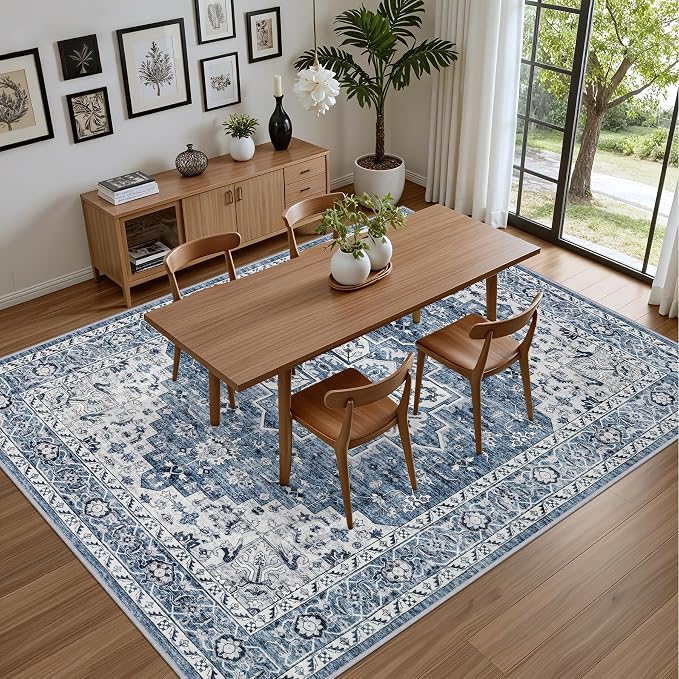 Area Rugs 10x12 Living Room Rug: Washable Rug Soft Vintage Boho Medallion Carpet Indoor Floor Non-Slip Stain Resistant Large Carpets for Bedroom Dining Room Farmhouse Nursery Home Office Blue