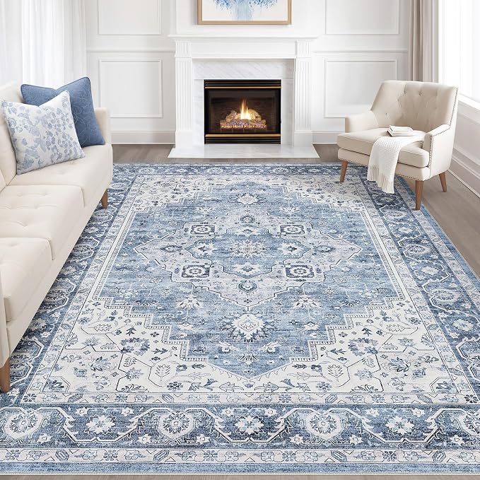 8x10 Area Rugs Living Room: Washable Boho Large Neutral Vintage Soft Rug Stain Resistant Farmhouse Non-Slip Indoor Floor Retro Carpet for Bedroom Nursery Kids Office Dining Room- Blue Gray