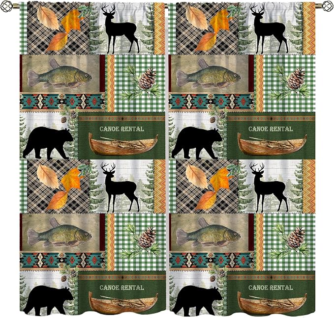 Vintage Animal Blackout Curtains Countryside Farmhouse Hunting Lodge Mountains Lake Bear Deer Plaid Bass Wildlife Windows Treatments Rod Pocket for Kitchen Living Room Bedroom 72x63in
