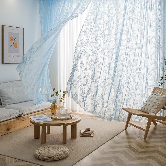 Sutuo Home Lace Curtains 72 Inches Length 2 Panels Set, Blue Sheer Window Panels Floral Embroidery Shabby Chic Vintage Voile Window Treatment Pair for Bedroom Living RoomRod Pocket W57 x L72