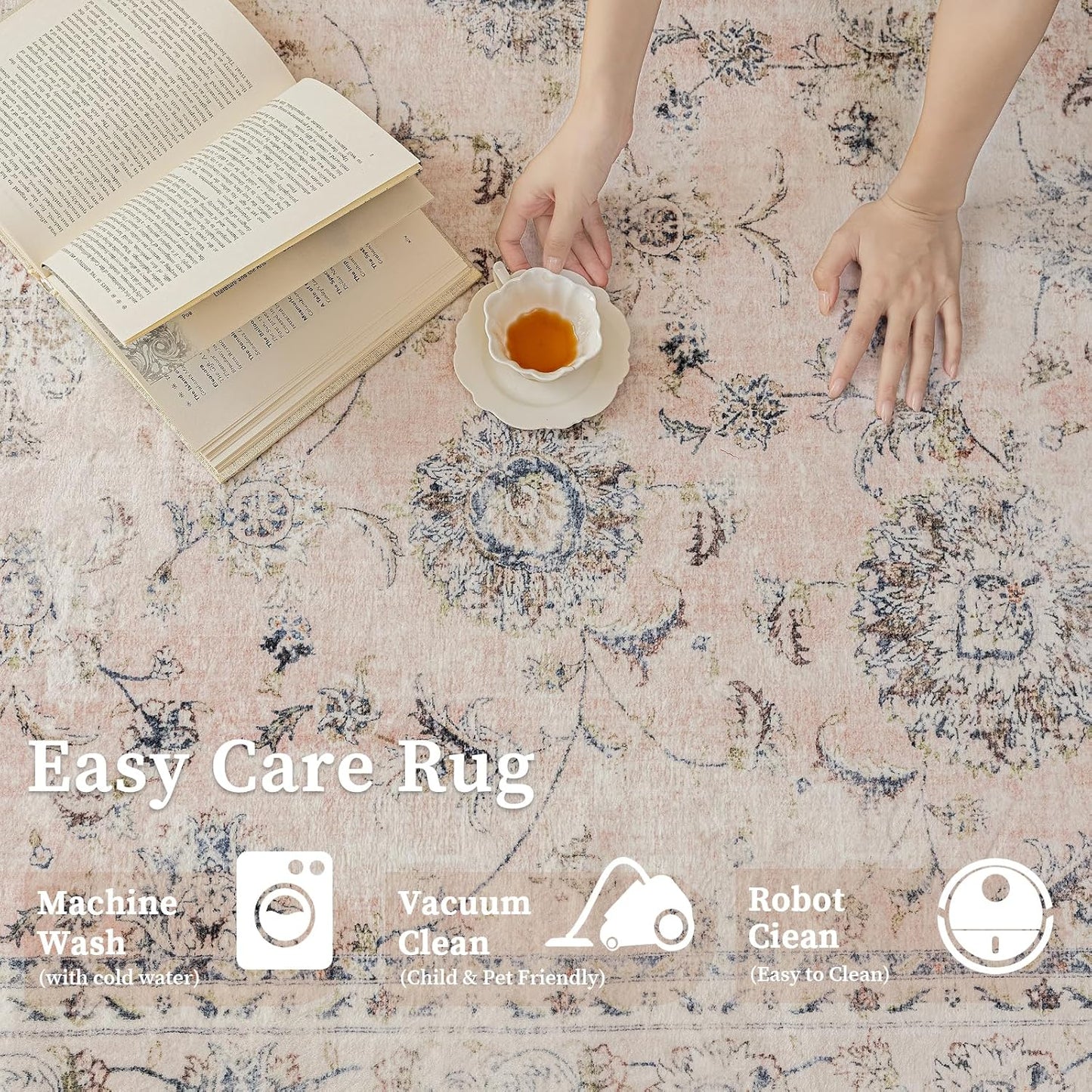 2'x3' Vintage Floral Rug - Persian Inspired Low-Pile Faux Wool Area Rug, Non-Slip Washable Small Rug for Bedroom, Nursery, Dorm, Soft Pink Boho Chic Decor