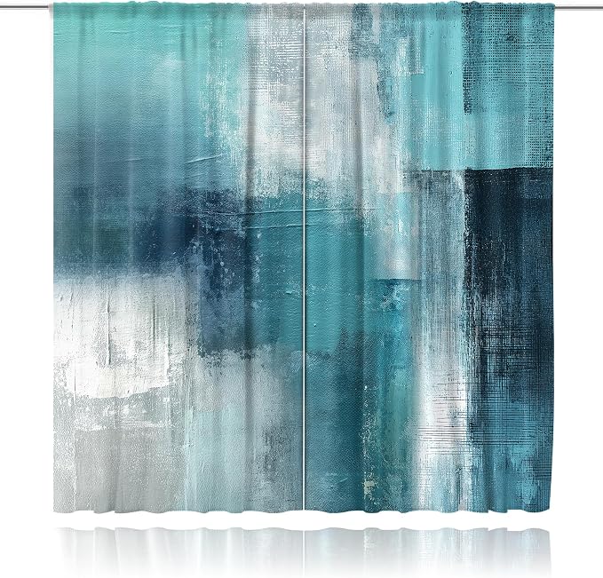 MESHELLY Turquoise Grey Abstract Teal Curtains 42Wx63H Rod Pocket Blue Aqua Gray Art Painting Modern Contemporary Watercolor Background Oil Print Cool Living Room Bedroom Window Drapes Fabric 2 Panel