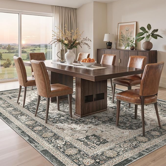Roxstand 6x9 Area Rugs for Living Room, Washable Rug with Non-Slip Backing, Ultra-Thin Rugs for High-Traffic Areas, Super-Soft Floral Vintage Farmhouse Large Area Rug (Black/Beige, 6'x9')