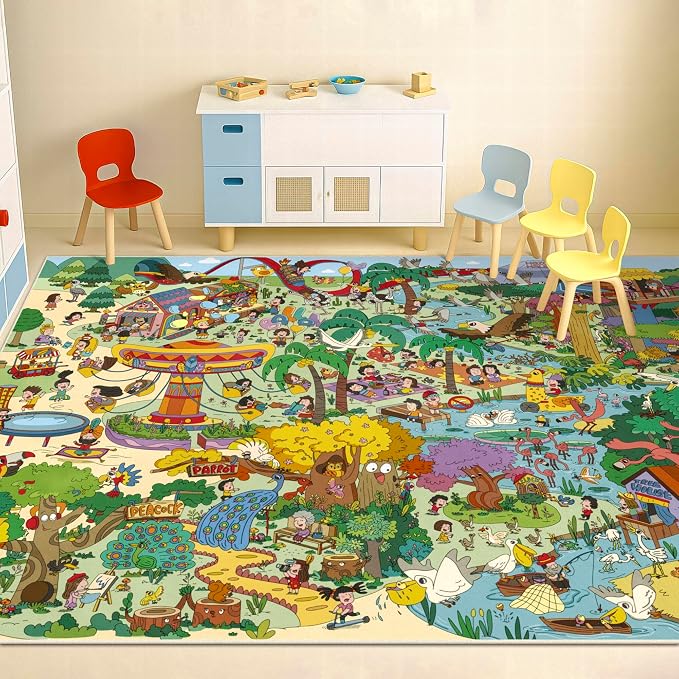 Whimsical Jungle Rug 6x9 for Kids Playroom – Cute Colorful Animal Safari Map, Forest & Playground Scene – Perfect for Classrooms, Darecare, Pre-School or Play Corners