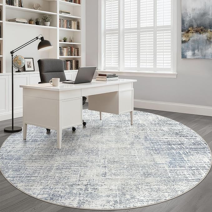 6ft Round Rug Living Room: 6x6 Washable Large Neutral Blue Circle Area Rug Abstract Soft Modern Stain Resistant Indoor Floor Non-Slip Carpet for Bedroom Nursery Kids Office Playroom Dining Room