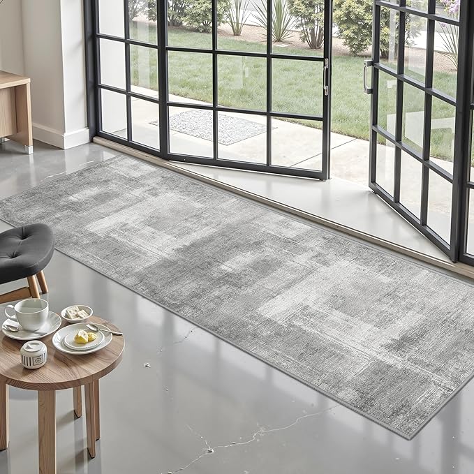 zesthome Washable Runner Rug 2x6, Runners for Hallways, Non Slip Kitchen Runner Rugs, Soft Abstract Entryway Runners, Ultra-Thin Stain Resistant Rug for Bedside, Laundry, Corridor (Grey/Ivory, 2'x6')