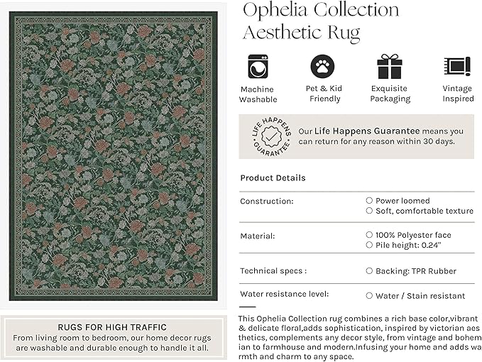 HUGEAR Retro Area Rugs 8x10 Washable Living Room Bedroom Rugs Vintage Floral Throw Carpet Green Stain Resistant Non Slip Low Pile for Home Aesthetic Modern Decor