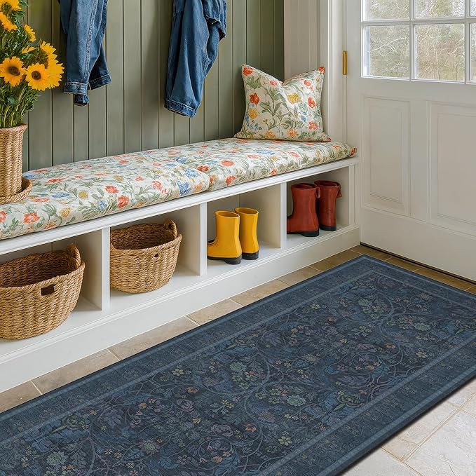 2'6"x8' 8ft Kitchen Runner Rugs Washable, Dark Blue Long Runner Rugs Non Slip for Hallway, Entryway, Victorian Forest Floral Stain Resistant Low Pile Thin Carpet