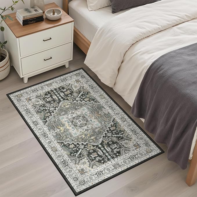 Madane Washable Area Rug 2x3 Small Entryway Rugs, Grey Green/Black Olive | Vintage Stain-Resistant Door Mat Indoor Entrance, Non-Slip Floor Carpet for Inside Front Bedroom Kitchen Entry Laundry, Stair