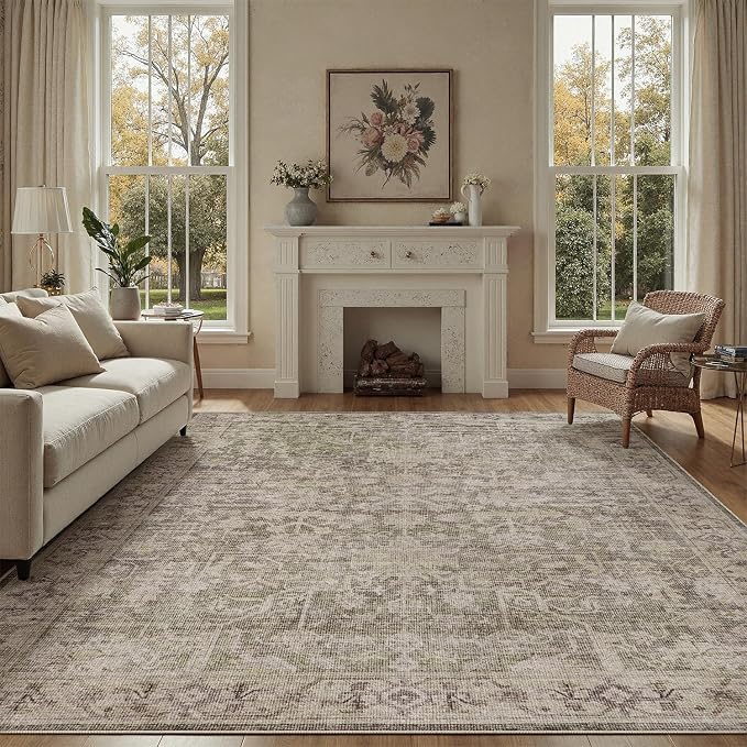DCX Washable 9x12, Kid & Pet Friendly with Rubber Back Non Slip, Stain Resistant Vintage Rug for Living Room, Bedroom, Home Office, Soft Low Pile Large Farmhouse Distressed Carpet, Greige