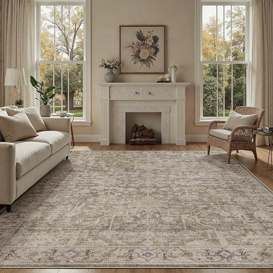 DCX Washable 9x12, Kid & Pet Friendly with Rubber Back Non Slip, Stain Resistant Vintage Rug for Living Room, Bedroom, Home Office, Soft Low Pile Large Farmhouse Distressed Carpet, Greige