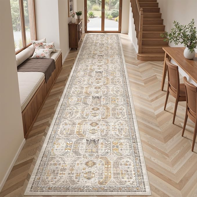 2'6" x 16'Non Slip Runner Rugs - Runners for hallways, Kitchen,Entryway,Stain Resistant Washable Rugs for Bedroom, Indoor Vintage Area Rugs (Brown/Gold,2'6" x 16')